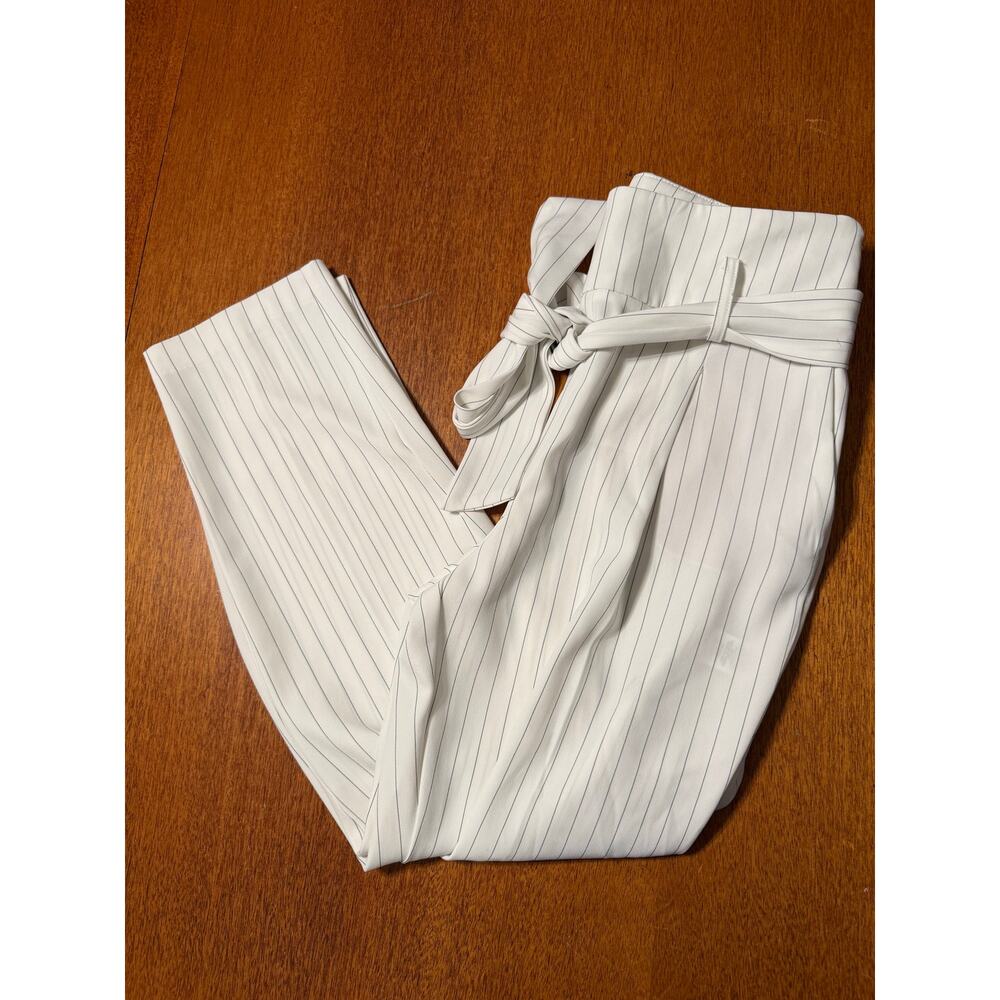 Rachel Zoe Cream Pinstripe Paperbag Waist Tie Belt Pants Size 6